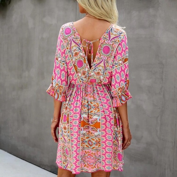 Paisley boho gypsy print dress 3/4 sleeve v neck - Picture 4 of 10